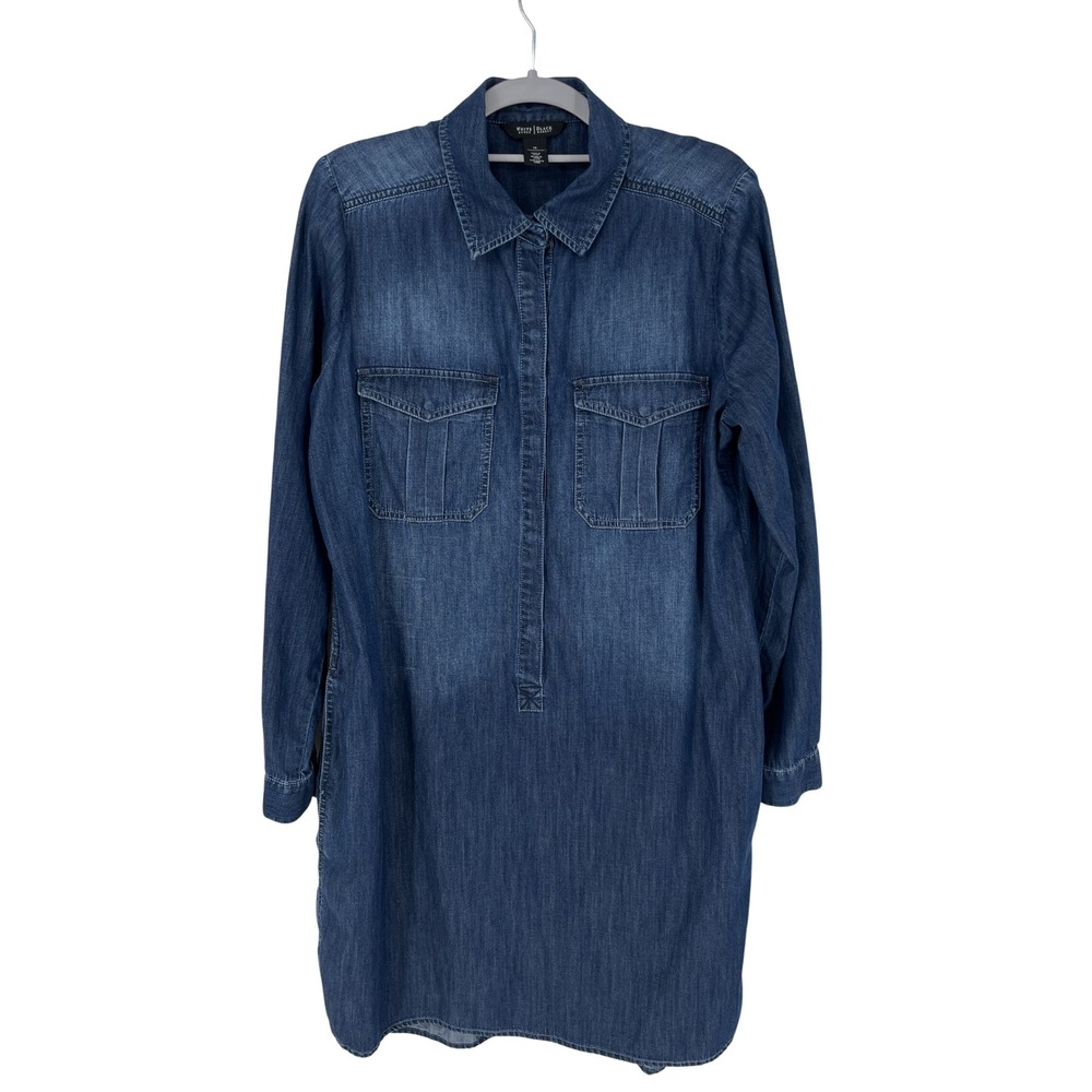 White House Black Market Denim Chambray Shirt Dress 14 Blue Coastal Cowgirl
